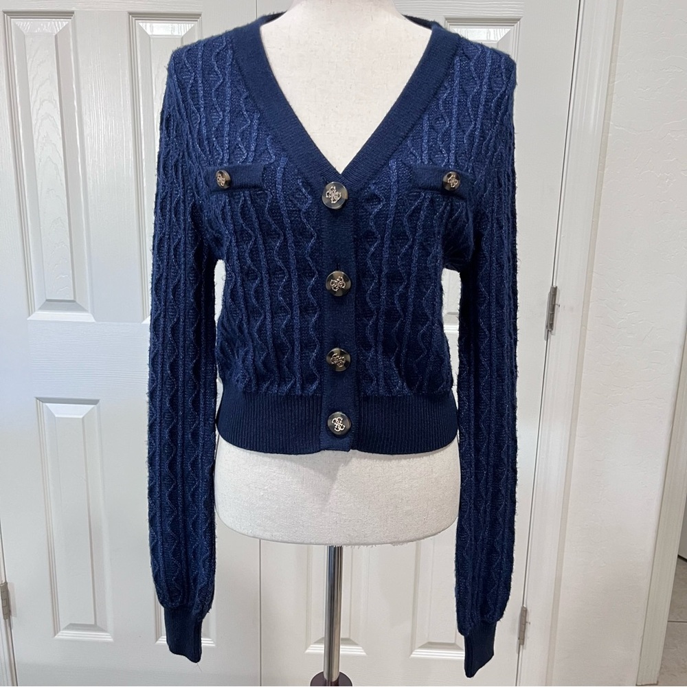Guess Tiffany Zig-Zag Crop Cardigan Cable Knit Sweater Navy Blue Size L